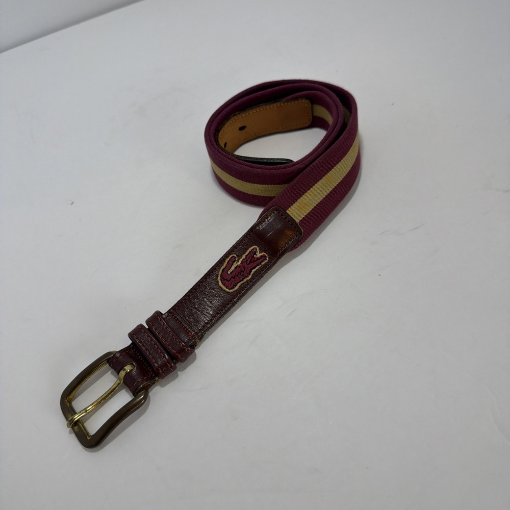 Mens Vintage Lacoste Belt Burgundy Taupe Stripes 34/35